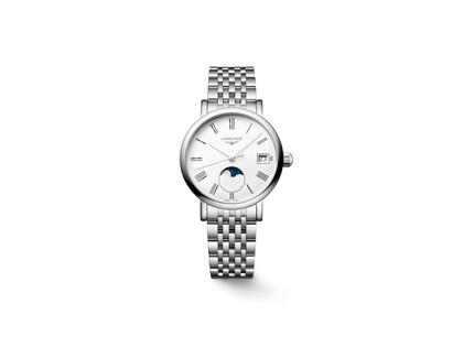 Longines Elegant Collection Quarz Edelstahl 30mm weißes Zifferblatt Metallband – Damenuhren Uhr mit Datum aus Edelstahl. Das Gehäuse ist rund und silber. Das Edelstahlarmband ist silber. Das Zifferblatt ist römisch und weiß.