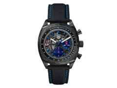 TAG Heuer Monza Flyback Chronometer Automatik Carbon 42mm skelettiertes Zifferblatt schwarzes Textilband – Herrenuhren Chronograph aus DLC beschichtet, Edelstahl, Carbon und Leder. Das Gehäuse ist quadratisch und schwarz. Das Lederarmband ist schwarz. Das Zifferblatt ist ein Index in grau.