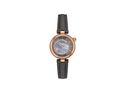 Tissot Desir Automatik Edelstahl Roségold-PVD 28mm graues Perlmutt-Zifferblatt graues Lederband – Damenuhren Uhr mit Datum aus Edelstahl, Leder und PVD beschichtet. Das Gehäuse ist rund und roségold. Das Lederarmband ist grau. Das Zifferblatt ist ein Index in grau.