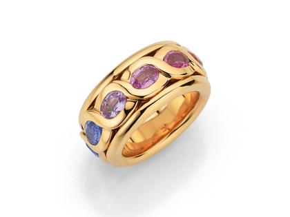 A. Odenwald Lola Ring Rotgold mit verschiedenfarbigen Saphiren drehbar – Ringe Ring aus 750 Rotgold.