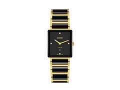 Rado Integral Quarz Edelstahl Gelbgold-PVD 28,5 x 31,5mm schwarzes Zifferblatt mit Brillanten Metallband – Damenuhren Uhr mit Datum aus Edelstahl, Keramik und PVD beschichtet. Das Gehäuse ist rechteckig und gelbgold. Das Edelstahlarmband ist schwarz. Das Zifferblatt ist ein Index in schwarz.