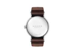 Nomos Glashütte Ludwig 33 Emailleweiß Handaufzug Edelstahl weißes Zifferblatt braunes Lederband Stahlboden – Damenuhren Uhr ohne Datum aus Edelstahl. – Ansicht 2