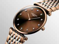 Longines La Grande Classique Quarz Edelstahl 29mm braunes Zifferblatt mit Diamanten Metallband – Damenuhren Uhr ohne Datum aus Edelstahl und PVD beschichtet. Das Gehäuse ist rund und roségold. Das Edelstahlarmband ist silber-gelbgold. Das Zifferblatt ist ein Index in braun. – Ansicht 2