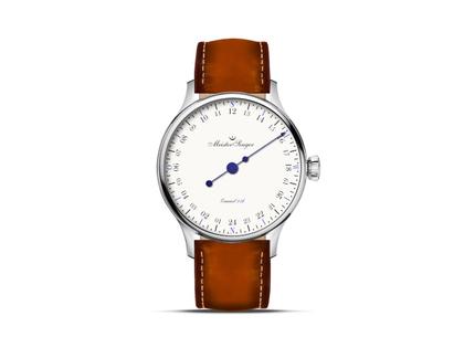 MeisterSinger 24H Emaille Automatik Edelstahl 40mm weißes Zifferblatt braunes Lederband limitiert – Herrenuhren Uhr ohne Datum aus Edelstahl, Emaille und Leder. Das Gehäuse ist rund und silber. Das Lederarmband ist braun. Das Zifferblatt ist arabisch und weiß.