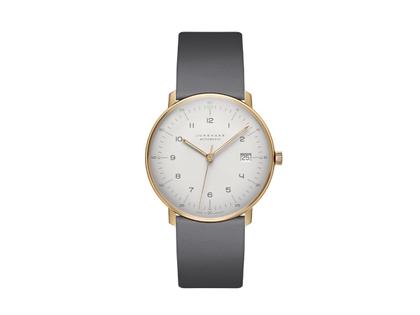 Herrenuhren Uhr mit Datum aus Edelstahl. Das Gehäuse ist rund und roségold. Das Lederarmband ist grau. Das Zifferblatt ist arabisch Index und grau.