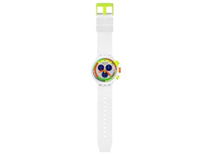 Swatch Neon Jelly Quarz Kunststoff 47mm mehrfarbiges Zifferblatt weißes Silikonband – Herrenuhren Chronograph aus Bio-Kunststoff und Kunststoff. Das Gehäuse ist rund und weiß. Das Kautschuk / Kunststoff / Silikon Armband ist weiß. Das Zifferblatt ist arabisch Index und mehrfarbig. – Ansicht 3
