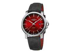Mühle Glashütte 29er Casual Edition 135 Jahre Juwelier Roller Automatik Edelstahl 42,4mm rotes Zifferblatt graues Lederband – Herrenuhren Uhr mit Datum aus Edelstahl und Leder. Das Gehäuse ist rund und silber. Das Lederarmband ist grau. Das Zifferblatt ist ein Index in rot.
