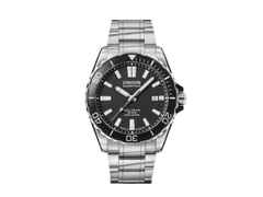 Union Glashütte Belisar  Datum Sport Pro Automatik Edelstahl 42mm schwarzes Zifferblatt Metallband – Herrenuhren Uhr mit Datum aus Edelstahl. Das Gehäuse ist rund und silber. Das Edelstahlarmband ist silber. Das Zifferblatt ist ein Index in schwarz.