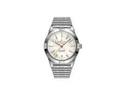 Breitling Chronomat Automatic 36 Edelstahl weißes Zifferblatt mit Brillanten Metallband – Damenuhren Uhr mit Datum aus Edelstahl. Das Gehäuse ist rund und silber. Das Edelstahlarmband ist silber. Das Zifferblatt ist ein Index in weiß.