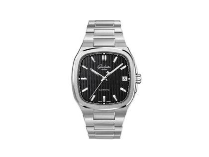 Glashütte Original Seventies Vintage Kollektion Vinyl Record Limited Edition Automatik Edelstahl 39x39mm schwarzes Zifferblatt Metallband und schwarzes Kautschukband – Herrenuhren Uhr mit Datum aus 750 Weißgold, Edelstahl und Kautschuk. Das Gehäuse ist quadratisch und silber. Das Edelstahlarmband ist silber. Das Zifferblatt ist ein Index in schwarz.
