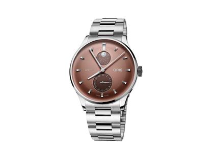 Herrenuhren Uhr ohne Datum aus Edelstahl. Das Gehäuse ist rund und silber. Das Edelstahlarmband ist silber. Das Zifferblatt ist ein Index in braun.