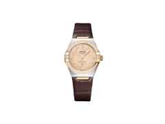 Omega Constellation Automatik Edelstahl 29mm goldenes Zifferblatt mit Brillanten braunes Lederband – Damenuhren Uhr mit Datum aus 750 Gelbgold, Edelstahl und Leder. Das Gehäuse ist rund und silber-gelbgold. Das Lederarmband Kroko / Alligator ist braun. Das Zifferblatt ist ein Index in gelbgold.