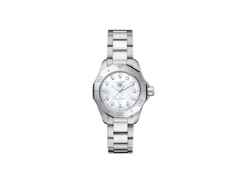 TAG Heuer Aquaracer Professional 200 Quarz Edelstahl 30mm weißes Perlmutt-Zifferblatt mit Brillanten Metallband – Damenuhren Uhr ohne Datum aus Edelstahl. Das Gehäuse ist rund und silber. Das Edelstahlarmband ist silber. Das Zifferblatt ist ein Index in weiß.