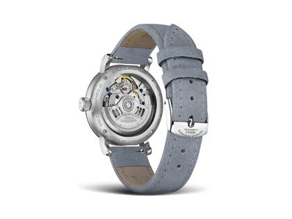 Mühle Glashütte Teutonia IV Lady Automatik Edelstahl 33,5mm pastellblaues Zifferblatt graues Lederband – Damenuhren Uhr mit Datum aus Edelstahl. Das Gehäuse ist rund und silber. Das Lederarmband ist grau. Das Zifferblatt ist ein Index in blau. – Ansicht 2