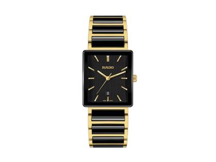 Damenuhren Uhr mit Datum aus Edelstahl, Keramik und PVD beschichtet. Das Gehäuse ist rechteckig und gelbgold. Das Keramikarmband ist schwarz. Das Zifferblatt ist ein Index in schwarz.