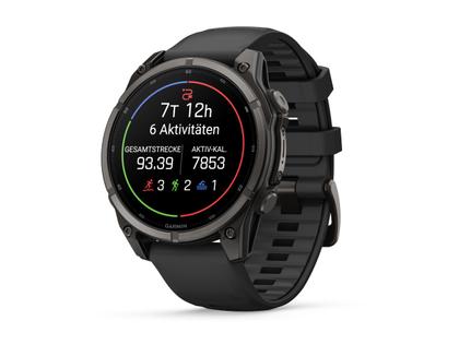 Garmin Fenix 9 faserverstärktes Polymer 47mm digitales Display schwarzes Silikonband – Herrenuhren Uhr Multifunktion aus Kautschuk, Kunststoff und Titan. Das Gehäuse ist rund und grau. Das Kautschuk / Kunststoff / Silikon Armband ist schwarz. Das Zifferblatt ist digital und schwarz. – Ansicht 2