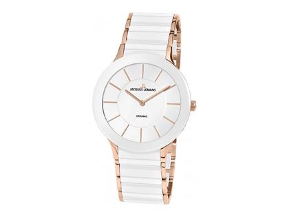 Jacques Lemans Quarz Dublin Keramik weiß  IP rosé Edelstahl weiß Edelstahlband – Damenuhren Uhr ohne Datum aus Edelstahl, IP beschichtet und Keramik. Das Gehäuse ist rund und roségold. Das vergoldetes Edelstahlarmband ist roségold. Das Zifferblatt ist ein Index in weiß.
