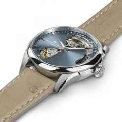 Hamilton Jazzmaster Open Heart Lady Automatik Edelstahl 36mm hellblaues Zifferblatt beiges Lederband – Damenuhren Uhr ohne Datum aus Edelstahl. Das Gehäuse ist rund und silber. Das Lederarmband ist beige. Das Zifferblatt ist ein Index in blau. – Ansicht 2