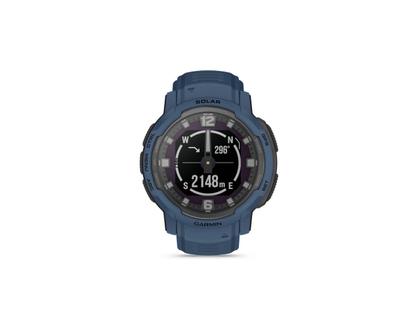 Garmin Instinct Crossover Solar faserverstärktes Polymer dunkelblau 45 mm Kautschukband dunkelblau – Herrenuhren Uhr Multifunktion aus Kautschuk und Kunststoff. Das Gehäuse ist rund und blau. Das Kautschuk / Kunststoff / Silikon Armband ist blau. Das Zifferblatt ist analog digital und schwarz. – Ansicht 3