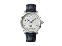 Glashütte Original Senator Chronograph Panoramadatum Automatik Platin 42mm weißes Zifferblatt blaues Lederband – Herrenuhren Chronograph aus 950 Platin. Das Gehäuse ist rund und silber. Das Lederarmband Kroko / Alligator ist blau. Das Zifferblatt ist römisch und silber.