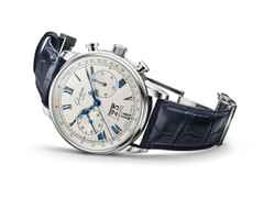 Glashütte Original Senator Chronograph Automatik Edelstahl 41mm weißes Zifferblatt  blaues Lederband – Herrenuhren Chronograph aus Edelstahl und Leder. Das Gehäuse ist rund und silber. Das Lederarmband ist blau. Das Zifferblatt ist römisch Index und silber. – Ansicht 7