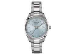 Tissot PR 100 Quarz Edelstahl 34mm hellblaues Zifferblatt Metallband – Damenuhren Uhr mit Datum aus Edelstahl. Das Gehäuse ist rund und silber. Das Edelstahlarmband ist silber. Das Zifferblatt ist ein Index in blau.