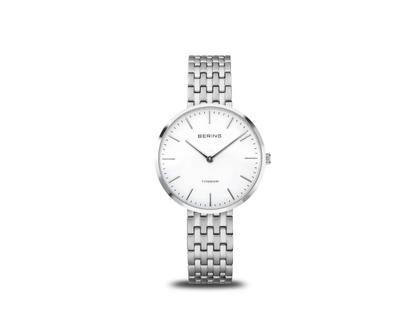 Bering Titanium Quarz Titan 34mm weißes Zifferblatt Metallband – Damenuhren Uhr ohne Datum aus Titan. Das Gehäuse ist rund und silber. Das Edelstahlarmband ist silber. Das Zifferblatt ist ein Index in weiß.