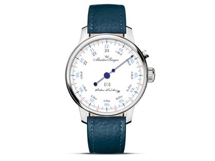 MeisterSinger Bell Hora Edition Anton Bruckner Edelstahl – Herrenuhren Uhr ohne Datum aus Edelstahl und Leder. Das Gehäuse ist rund und silber. Das Lederarmband ist blau. Das Zifferblatt ist arabisch und weiß.