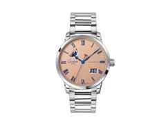 Glashütte Original Senator Excellence Panoramadatum Mondphase Automatik Edelstahl 40mm Frostkupfer Zifferblatt Metallband – Herrenuhren Uhr mit Datum aus Edelstahl. Das Gehäuse ist rund und silber. Das Edelstahlarmband ist silber. Das Zifferblatt ist römisch und roségold.