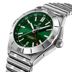 Breitling Chronomat Automatic GMT 40 Edelstahl grünes Zifferblatt Metallband – Herrenuhren Uhr mit Datum aus Edelstahl. Das Gehäuse ist rund und silber. Das Edelstahlarmband ist silber. Das Zifferblatt ist ein Index in grün. – Ansicht 3