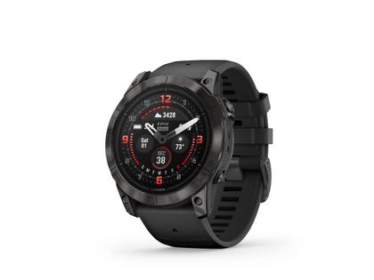 Garmin epix Pro Sapphire Titan carbongrau beschichtet 51 mm Kautschukband schwarz – Herrenuhren Uhr Multifunktion aus DLC beschichtet, Kautschuk und Titan. Das Gehäuse ist rund und schwarz. Das Kautschuk / Kunststoff / Silikon Armband ist schwarz. Das Zifferblatt ist digital und schwarz. – Ansicht 4