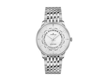 Junghans Meister Worldtimer Automatik Edelstahl 40mm silbernes Zifferblatt Metallband – Herrenuhren Uhr ohne Datum aus Edelstahl. Das Gehäuse ist rund und silber. Das Edelstahlarmband ist silber. Das Zifferblatt ist ein Index in silber.