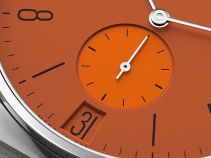 Nomos Glashütte Tangente 38 Datum "175 Years Watchmaking - Poporange" Handaufzug Edelstahl orangenes Zifferblatt graues Textilband Glasboden – Herrenuhren Uhr mit Datum aus Edelstahl. Das Gehäuse ist rund und silber. Das Textilarmband ist grau. Das Zifferblatt ist arabisch Index und orange. – Ansicht 5
