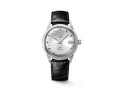 Longines Ultra Chron Classic Automatik Edelstahl 37mm silberfarbenes Zifferblatt schwarzes Lederband – Herrenuhren Uhr mit Datum aus Edelstahl und Leder. Das Gehäuse ist rund und silber. Das Lederarmband ist schwarz. Das Zifferblatt ist ein Index in silber.