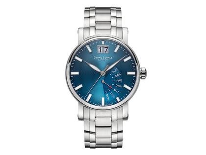 Bruno Söhnle Glashütte Pesaro I Quarz Edelstahl 43mm blaues Zifferblatt Metallband – Herrenuhren Uhr mit Datum aus Edelstahl. Das Gehäuse ist rund und silber. Das Edelstahlarmband ist silber. Das Zifferblatt ist ein Index in blau.