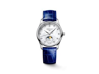Longines Master Collection Automatik Edelstahl 34mm weißes Perlmutt-Zifferblatt mit Diamanten blaues Lederband – Damenuhren Uhr mit Datum aus Edelstahl und Leder. Das Gehäuse ist rund und silber. Das Lederarmband ist blau. Das Zifferblatt ist ein Index in weiß.