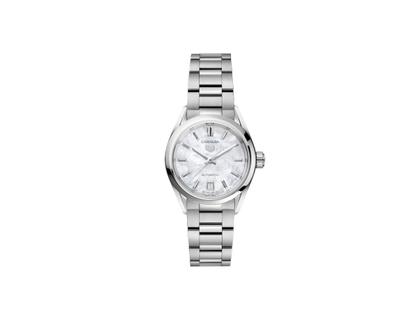 Damenuhren Uhr mit Datum aus Edelstahl. Das Gehäuse ist rund und silber. Das Edelstahlarmband ist silber. Das Zifferblatt ist ein Index in weiß.