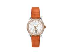 Glashütte Original Lady Serenade Luna Automatik Edelstahl 32,5mm weißes Zifferblatt oranges Lederband – Damenuhren Uhr ohne Datum aus 750 Rotgold, Edelstahl und Leder. Das Gehäuse ist rund und silber. Das Lederarmband Kroko / Alligator ist orange. Das Zifferblatt ist ein Index in weiß.