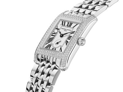 Frederique Constant Classics Carree Small Seconds Quarz Edelstahl mit Brillanten 36x25mm weißes Zifferblatt Metallband – Damenuhren Uhr mit Datum aus Edelstahl. Das Gehäuse ist rechteckig und silber. Das Edelstahlarmband ist silber. Das Zifferblatt ist römisch und weiß. – Ansicht 2