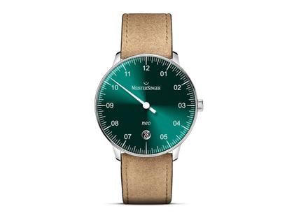 MeisterSinger Neo Automatik Edelstahl grün Lederband hellbraun – Damenuhren Uhr mit Datum aus Edelstahl und Leder. Das Gehäuse ist rund und silber. Das Lederarmband ist braun. Das Zifferblatt ist arabisch und grün.