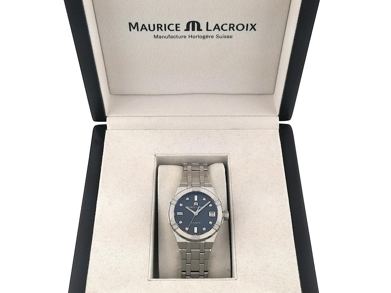 Maurice Lacroix Aikon Automatik Edelstahl 35mm schwarzes Perlmutt-Zifferblatt Metallband AI6006-SS002-370-1 Full Set Occasion Neu – Damenuhren Uhr mit Datum aus Edelstahl. Das Gehäuse ist rund und silber. Das Edelstahlarmband ist silber. Das Zifferblatt ist ein Index in schwarz. – Ansicht 5