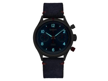 Hanhart Red X Blau Handaufzug Edelstahl 39mm blaues Zifferblatt blaues Lederband – Herrenuhren Chronograph aus Edelstahl, Keramik, Kunststoff und Leder. Das Gehäuse ist rund und silber. Das Lederarmband ist blau. Das Zifferblatt ist arabisch Index und blau. – Ansicht 3