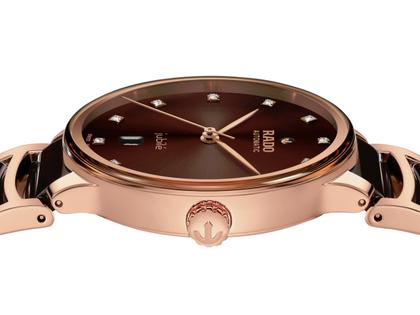 Rado Centrix Diamonds Automatik Edelstahl Roségold-PVD 39,5mm braunes Zifferblatt mit Brillanten Metallband – Herrenuhren Uhr mit Datum aus Edelstahl, Keramik und PVD beschichtet. Das Gehäuse ist rund und roségold. Das Keramikarmband ist braun. Das Zifferblatt ist ein Index in braun. – Ansicht 3