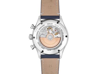 Frederique Constant Vintage Rally Healey Automatik Edelstahl 40mm blaues Zifferblatt blaues Lederband limitiert – Herrenuhren Chronograph aus Edelstahl und Leder. Das Gehäuse ist rund und silber. Das Lederarmband ist blau. Das Zifferblatt ist arabisch Index und blau. – Ansicht 2