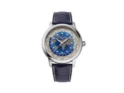 Herrenuhren Uhr ohne Datum aus Edelstahl und Leder. Das Gehäuse ist rund und silber. Das Lederarmband Kroko / Alligator ist blau. Das Zifferblatt ist ein Index in blau.