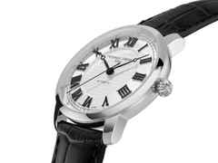 Frederique Constant Classics Automatik Edelstahl 39mm weißes Zifferblatt schwarzes Lederband limitiert – Herrenuhren Uhr ohne Datum aus Edelstahl und Leder. Das Gehäuse ist rund und silber. Das Lederarmband ist schwarz. Das Zifferblatt ist römisch und weiß. – Ansicht 2