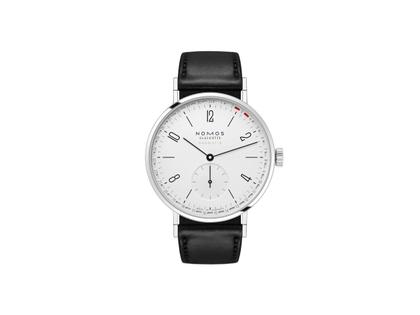 Nomos Glashütte Tangente neomatik 38 Update Automatik Edelstahl 38mm weißes Zifferblatt schwarzes Lederband – Herrenuhren Uhr mit Datum aus Edelstahl und Leder. Das Gehäuse ist rund und silber. Das Lederarmband ist schwarz. Das Zifferblatt ist arabisch Index und weiß.