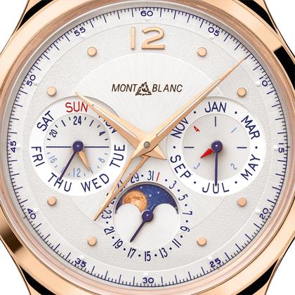 Montblanc Heritage  Automatik Perpetual Calendar 40 mm Rosegold Limited Edition – Herrenuhren Uhr mit Kalender aus 750 Rotgold. Das Gehäuse ist rund und roségold. Das Lederarmband Kroko / Alligator ist braun. Das Zifferblatt ist arabisch Index und weiß. – Ansicht 2