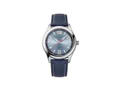 Frederique Constant Classics Vintage Rally Healey Automatik Edelstahl 36mm blaues Zifferblatt blaues Lederband limitiert – Damenuhren Uhr mit Datum aus Edelstahl und Leder. Das Gehäuse ist rund und silber. Das Lederarmband ist blau. Das Zifferblatt ist arabisch Index und blau.