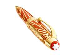 Montblanc The Origin Collection Solitaire Midsize Kugelschreiber korallfarbenes Edelharz vergoldet – Schreibgeräte Kugelschreiber in rot und aus Metall und vergoldet. – Ansicht 3